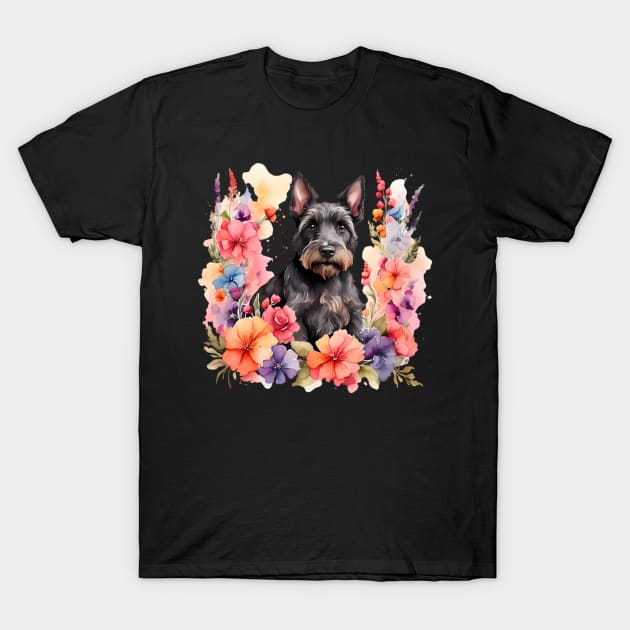 A scottish terrier decorated with beautiful watercolor flowers T-Shirt by CreativeSparkzz